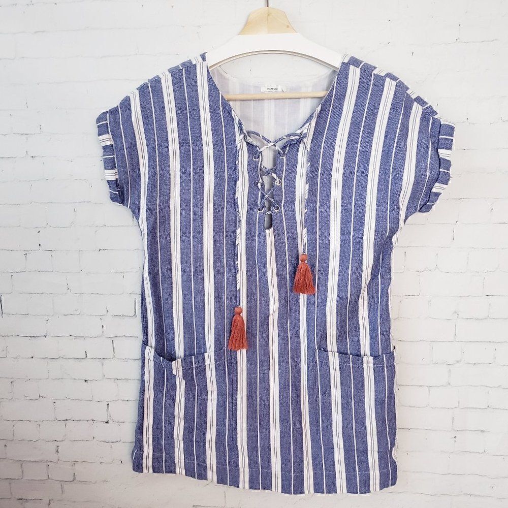 Tularosa Revolve Tunic Top Size XS Blue White Striped Tassels Beachy 100% Cotton
